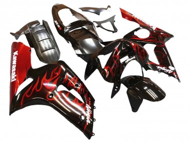 Cheap 2003-2004 Kawasaki ZX6R Motorcycle Fairings - Glossy Black Red Flame