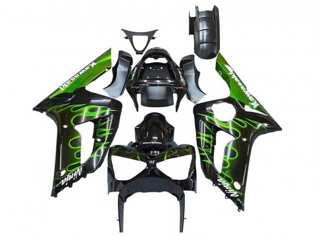 2003-2004 Kawasaki ZX6R Motorcycle Fairings - Glossy Black Green Flame