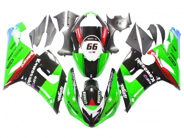 2005-2006 Kawasaki ZX6R Motorcycle Fairings - Green Red Black Elf 66