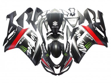 Cheap 2007-2008 Kawasaki ZX6R Motorcycle Fairings - Black White Red with White Snow Decal Ninja Elf