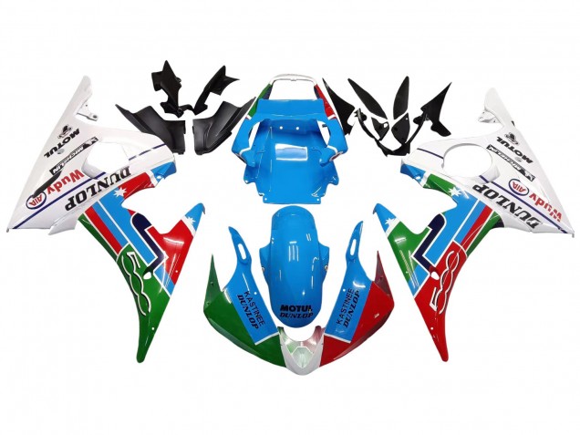 2006-2009 Yamaha YZF R6S Motorcycle Fairings - White Blue Green Red Kastinee Dunlop Motul