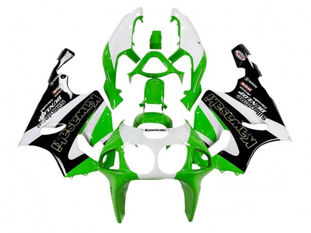1996-2003 Kawasaki ZX7R Motorcycle Fairings - White Green Black Gold Silkolene Dunlop