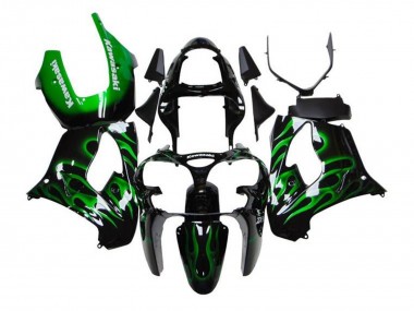 Cheap 2002-2003 Kawasaki ZX9R Motorcycle Fairings - Black White with Green Flame
