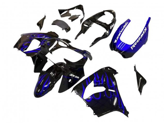 2002-2003 Kawasaki ZX9R Motorcycle Fairings - Black White with Blue Flame