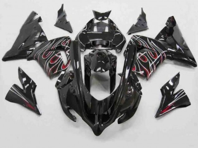 2004-2005 Kawasaki ZX10R Motorcycle Fairings - Black Red White Flame