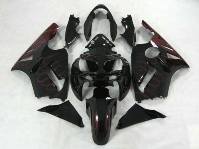 2002-2006 Kawasaki ZX12R Motorcycle Fairings - Glossy Black Burgundy Flame
