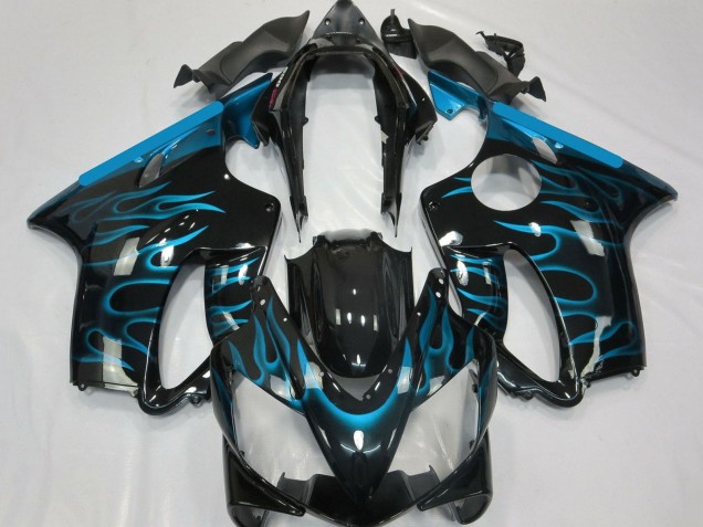 2004-2007 Honda CBR600 F4i Motorcycle Fairings - Glossy Black Light Blue Flame
