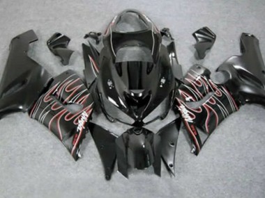 Cheap 2005-2006 Kawasaki ZX6R Motorcycle Fairings - Glossy Black Red White Flame