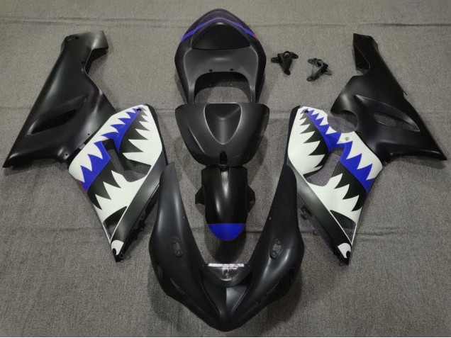 2005-2006 Kawasaki ZX6R Motorcycle Fairings - Matte Black White Blue Shark