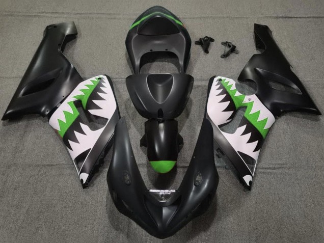 2005-2006 Kawasaki ZX6R Motorcycle Fairings - Matte Black White Green Shark