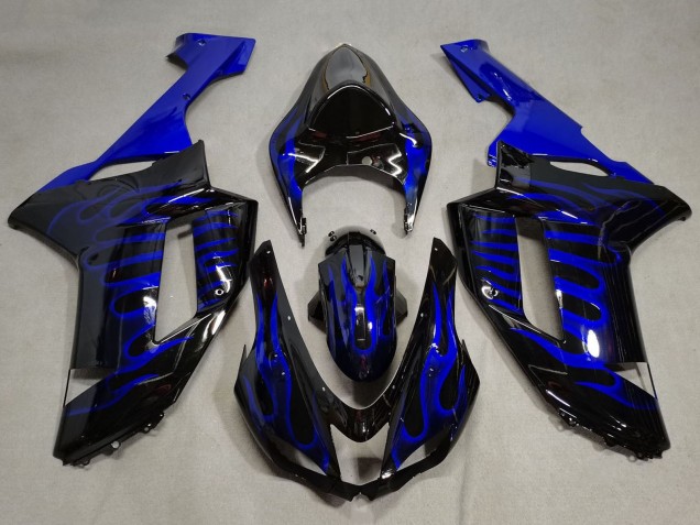 2007-2008 Kawasaki ZX6R Motorcycle Fairings - Black Blue Flame