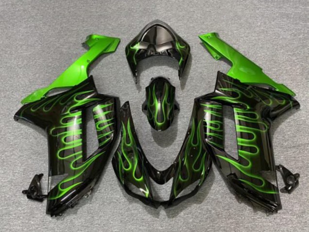 2007-2008 Kawasaki ZX6R Motorcycle Fairings - Black Green Flame