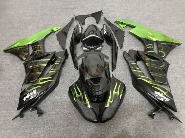 Cheap 2007-2008 Kawasaki ZX6R Motorcycle Fairings - Black Light Green Flame