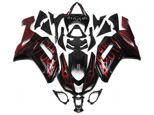 2007-2008 Kawasaki ZX6R Motorcycle Fairings - Black White Red Flame