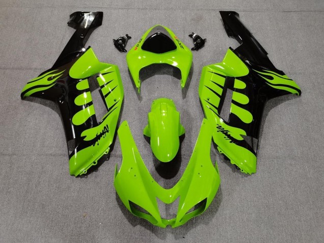 2007-2008 Kawasaki ZX6R Motorcycle Fairings - Green Black Flame