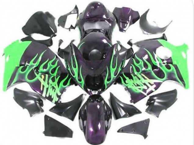 1996-2007 Suzuki GSXR 1300 Hayabusa Motorcycle Fairings - Glossy Black Green Flame