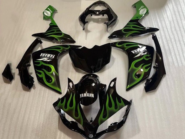 2007-2008 Yamaha YZF 1000 R1 Motorcycle Fairings - Glossy Black Green Flame