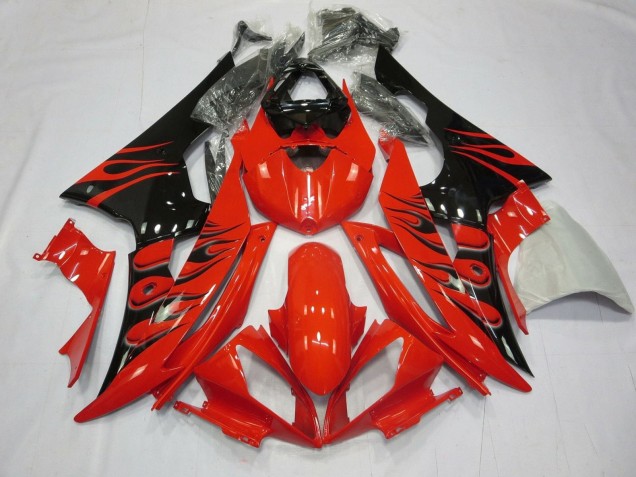 2008-2016 Yamaha YZF R6 Motorcycle Fairings - Red Glossy Black Flame