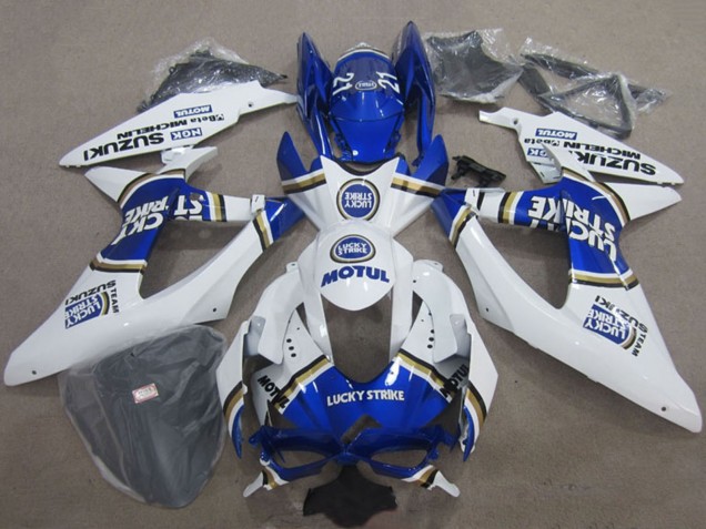 2008-2010 Suzuki GSXR 600 Motorcycle Fairings - White Blue Lucky Strike Motul