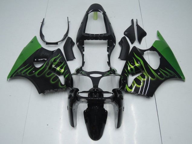 Cheapest 2000-2002 Black with Green Flame Kawasaki ZX6R Motorcyle Fairings