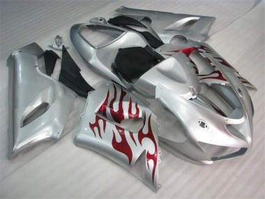 Cheapest 2005-2006 Silver Red Flames Kawasaki ZX6R Motorcycle Fairings