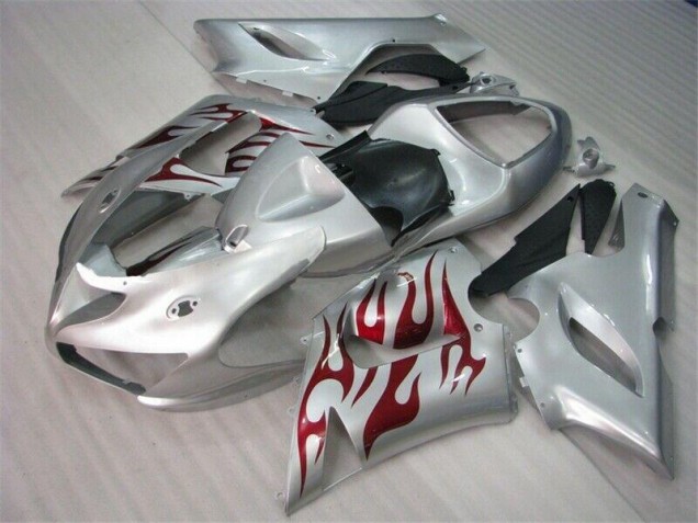 Cheapest 2005-2006 Silver Red Flames Kawasaki ZX6R Motorcycle Fairings